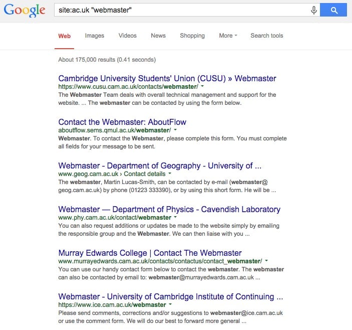 SERP for webmaster emails on .ac.uk domains