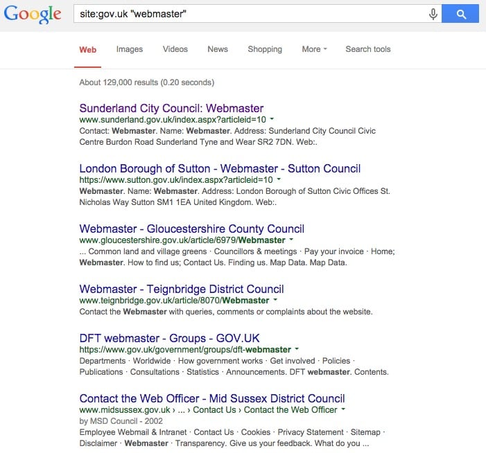 SERP for webmaster emails on .gov.uk domains