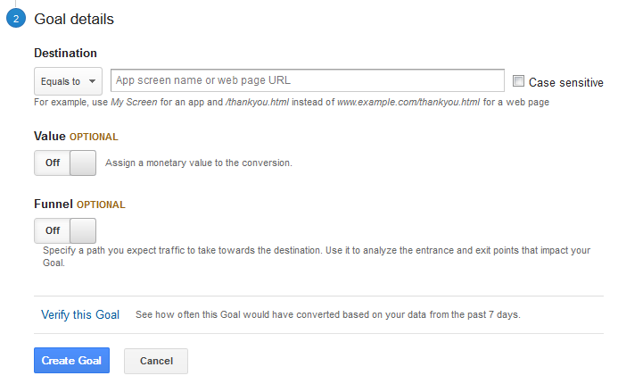 Stage two of adding goals in Google Analytics