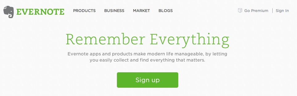 Evernote landing page