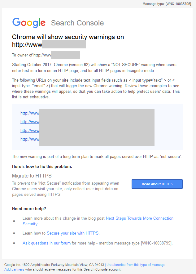 Google Searech Console security warnings for http sites