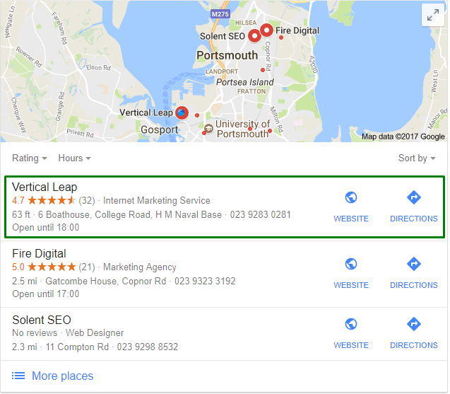 Google Local Pack results for Vertical Leap's Portsmouth office