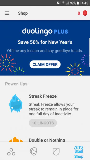duoLingo in app advertising for Plus