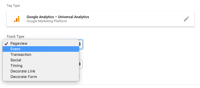 Define the Event track type in Google Analytics