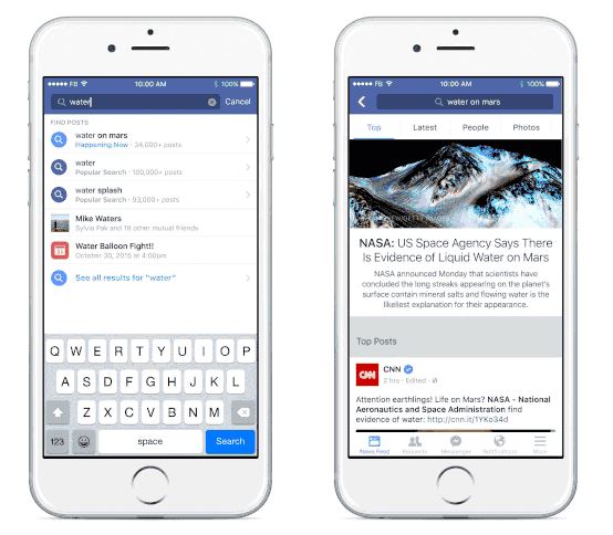Phones showing Facebook search ads about water on Mars