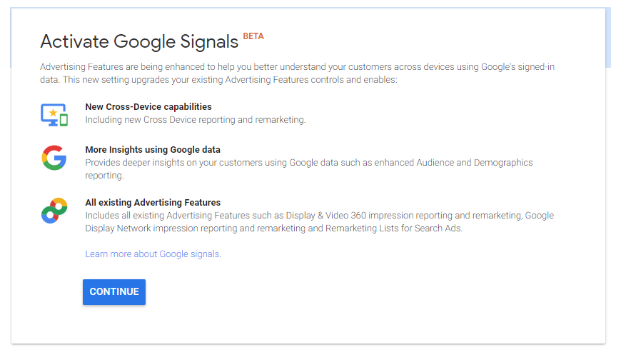 Options when activating Google Signals