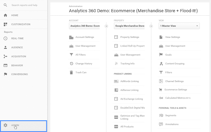 The admin section in Google Analytics