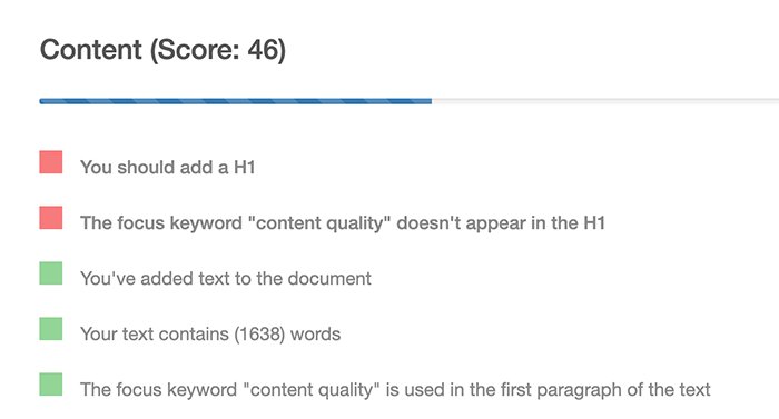 Content analysis tool showing content score