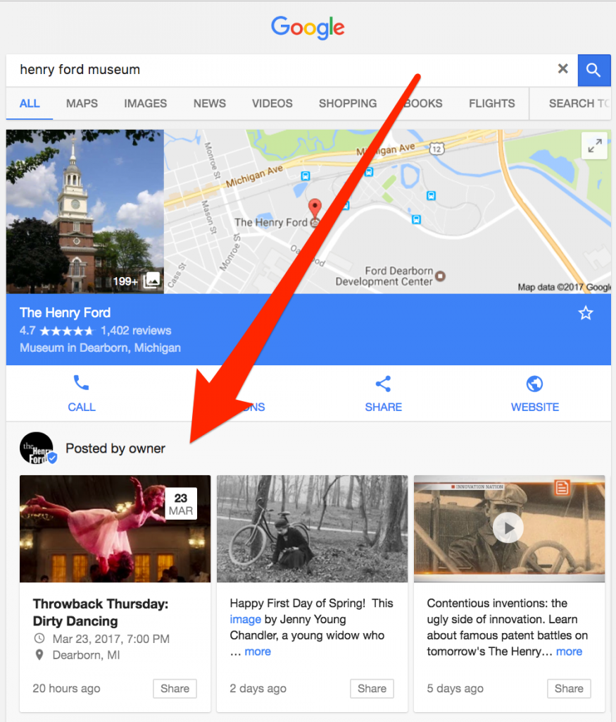 Location of Google Posts in Google Moa listing.