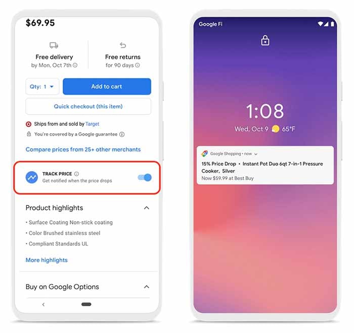 Google shopping highlighting where you can track prices