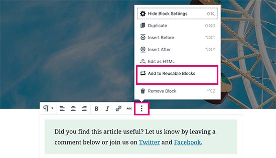 Gutenberg add to reusable blocks option