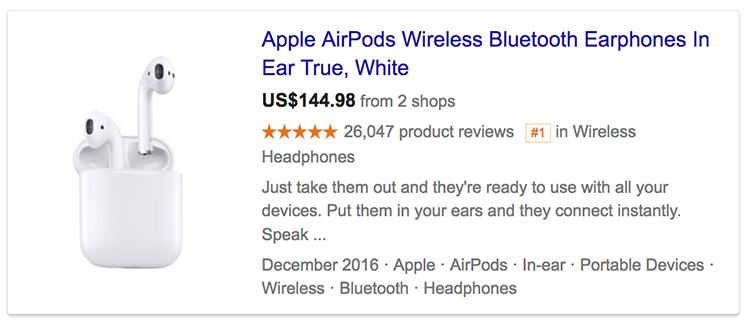 Google product ratings showing in search result for Apple airpods
