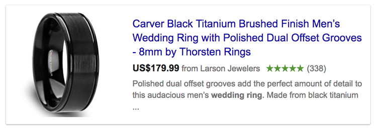 Google seller ratings showing in an advert for wedding ring
