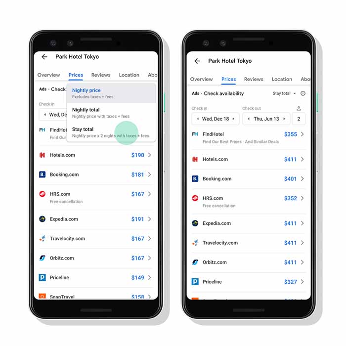 Showing the various prices of hotels