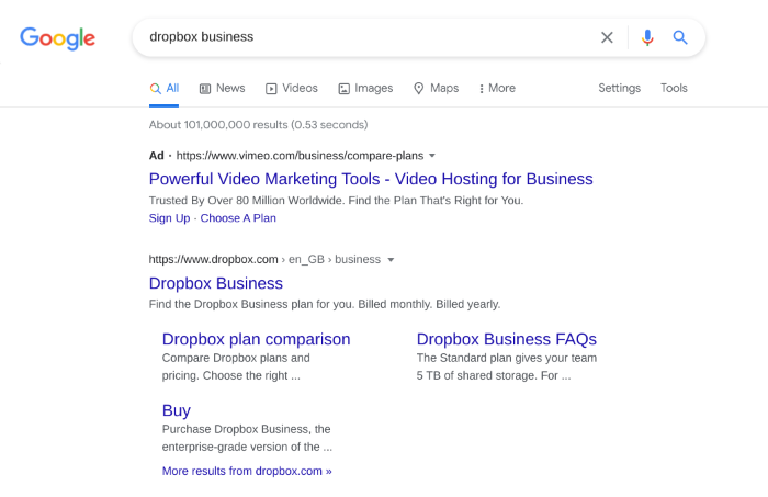 Dropbox competitor targeting 'dropbox' in their PPC ads