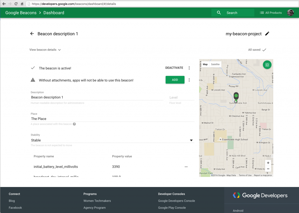 Beacon description screen on Google Beacon Platform