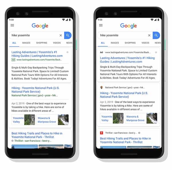 Google results showing before and after favicons being displayed