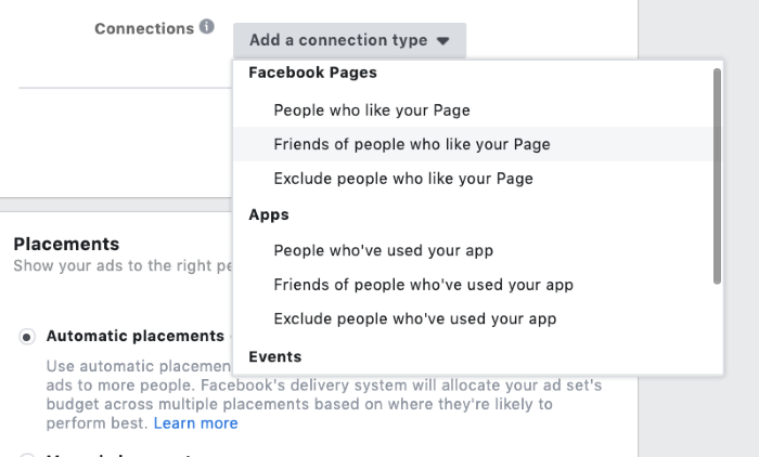 connections targeting in facebook advertising