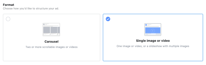 Carousel and single image or video options for brand awareness campaigns on Instagram