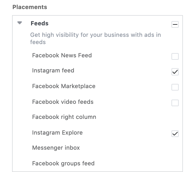 Selected placements options in Instagram