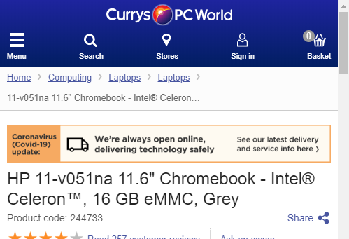 Curry's Covid notification on website