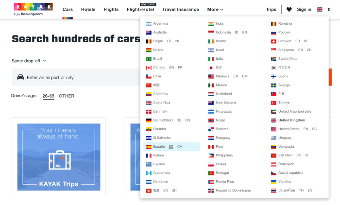 Kayak's homepage which offers a drop down to get to all the other country homepages.