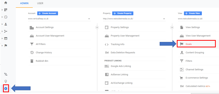 Where to go in Google Analytics to create a new goal