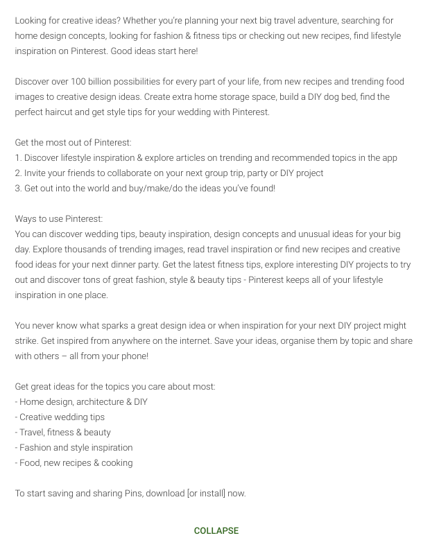 Pinterest's app longer description 