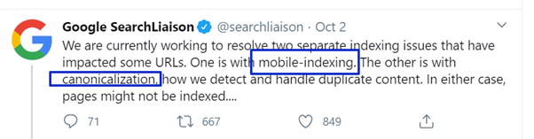 Google tweets about indexing issues