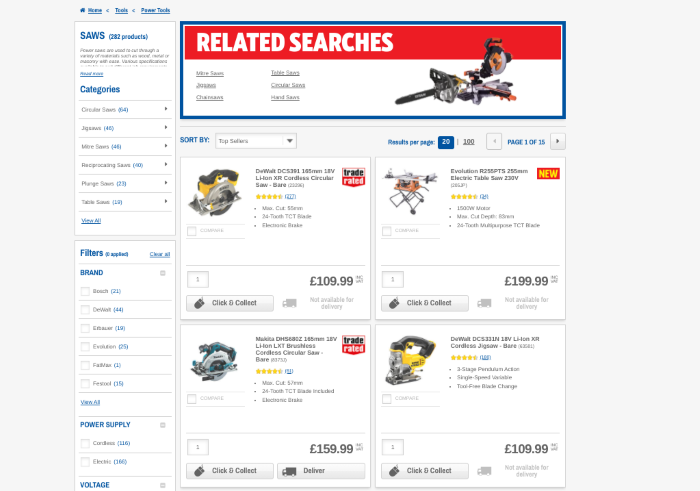 Screwfix website showing product searches