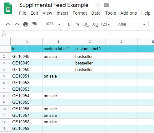 Example supplementary feed for custom labels in Google Shopping