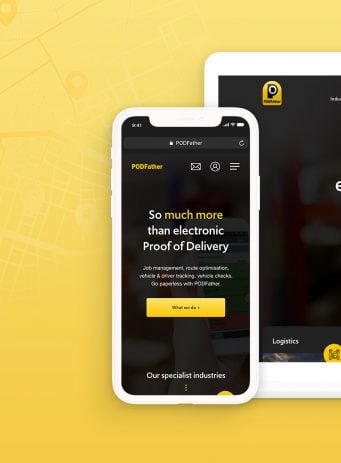 PodFather website design case study header image showing their website on mobile and tablet