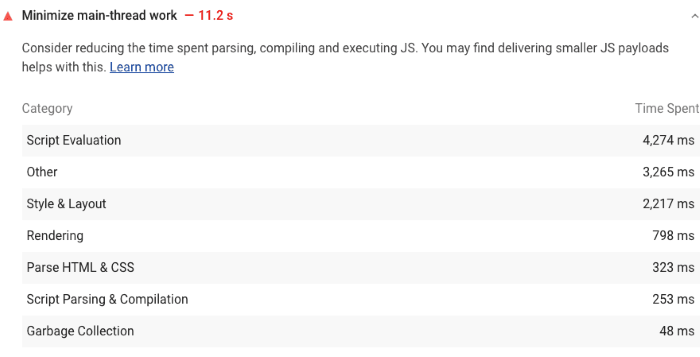 examples of loading times for things like script evaluation and rendering 