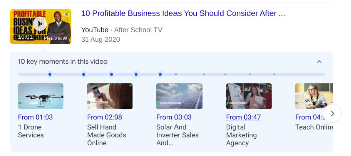 Google showing the 10 key moments of a podcast in its search results