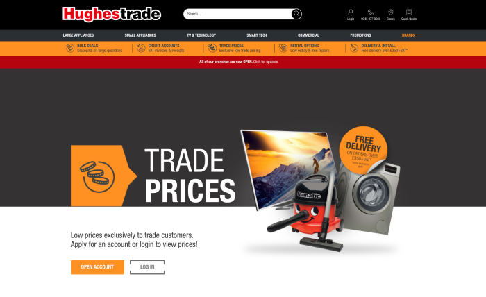 B2B eCommerce website Hughes Trade homepage