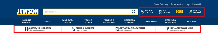 B2B eCommerce example showing Jewson website header