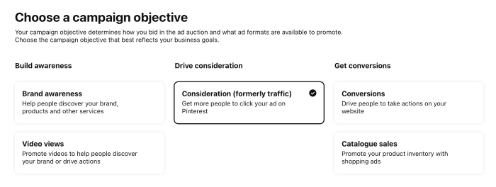 Choosing campaign objectives in Pinterest