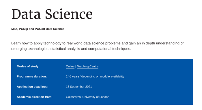 Course key information displayed such as duration and application deadline 