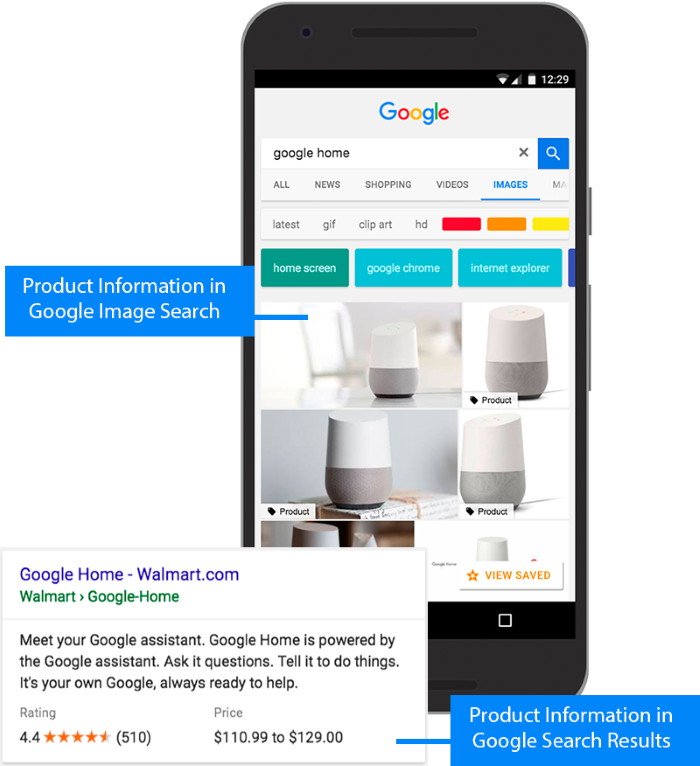 Example of Google showing rich information in the product listings for ecommerce sites selling Google Homes