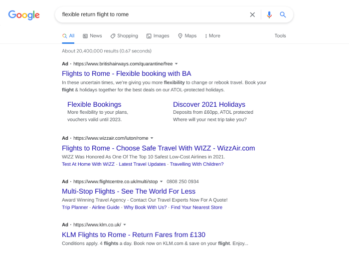 Search results and PPC ads showing for 'flights to rome'