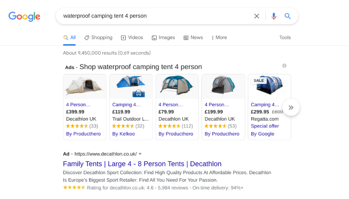 PPC ads showing for 'waterproof camping tent'