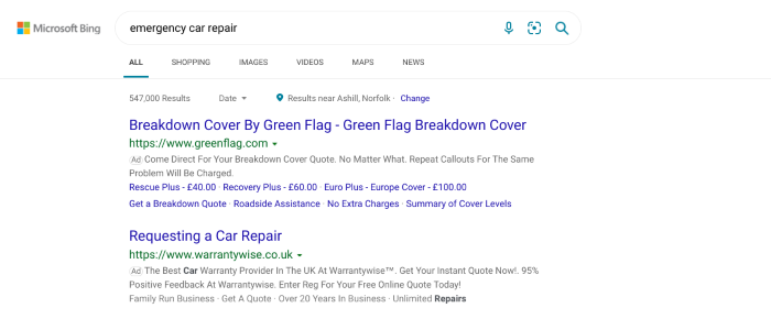 Bing ads search results for emergency car repair