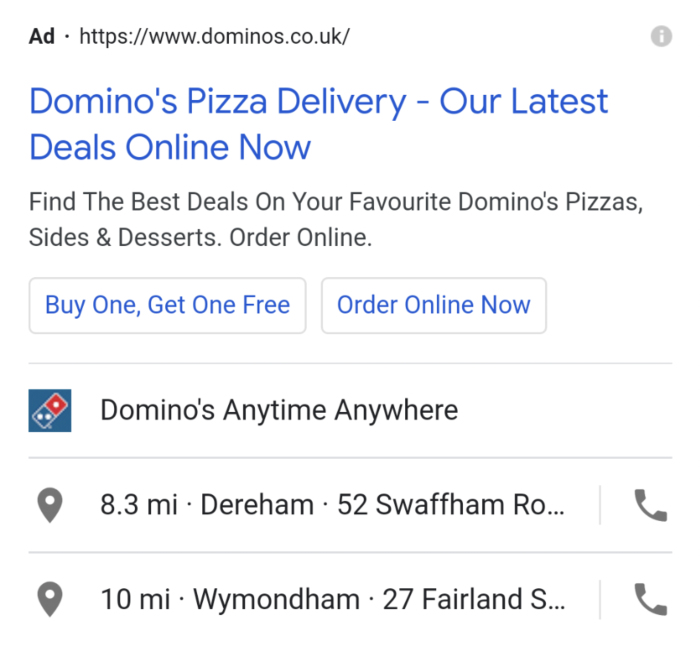 Restaurant PPC advert for Domino's in Google search results