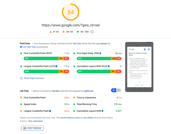 PageSpeed Insights test