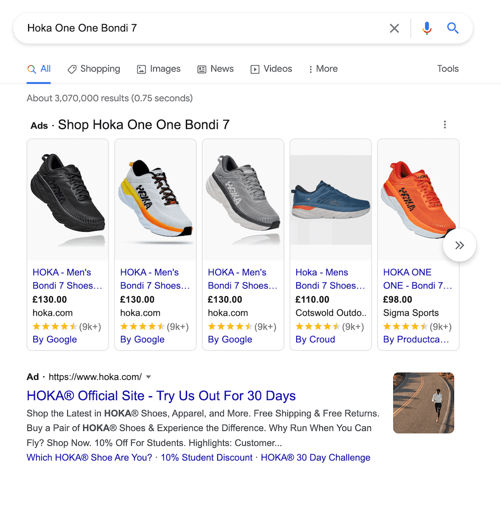 Google search results for Hoka One Bondi7