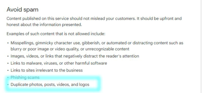 Announcement from Google about Google Business Posts and how it considers duplicate photos, posts, videos and logos as spam