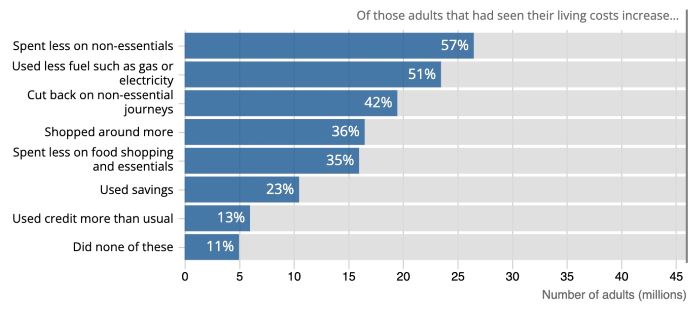 Percentage of shoppers that are spending more or less on things like non-essentials, electricity, food etc