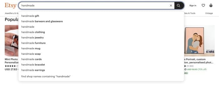 Example of how Etsy using autocomplete in its search facility to help users look for things 