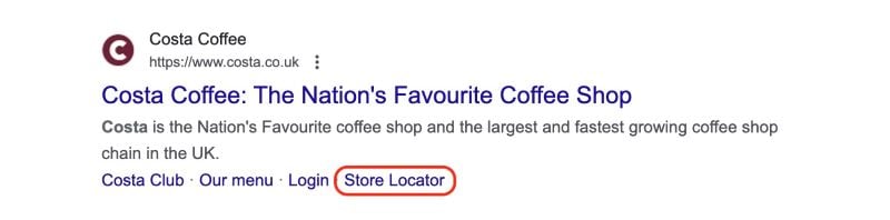 Sitelinks local seo costa coffee example