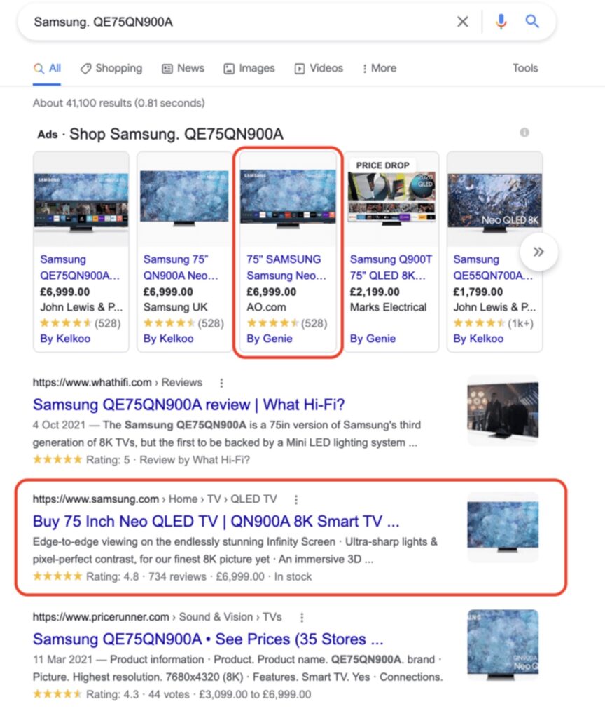 Google results for samsung TV